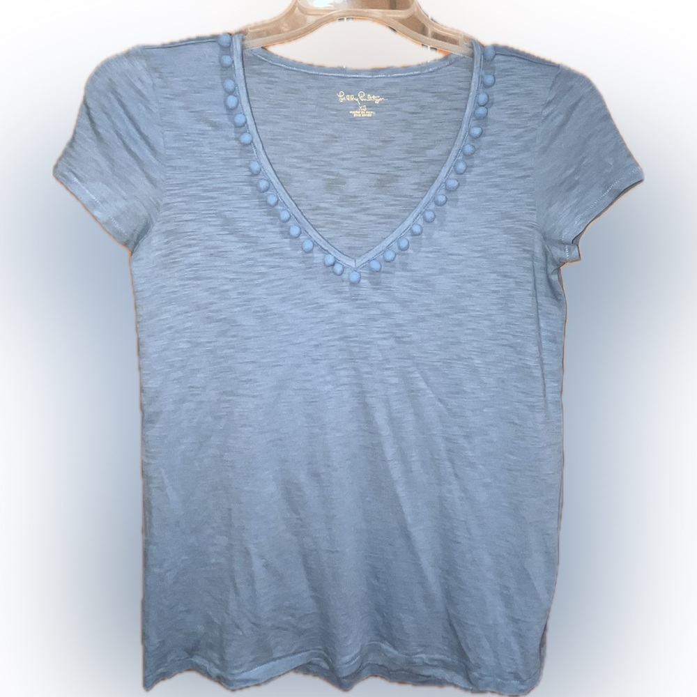 Lilly Pulitzer Etta Light Blue V-Neck Tee with Pom Trim XS